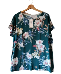 Szmaragdowa tunika z krótkim rękawem kimono - białe kwiaty